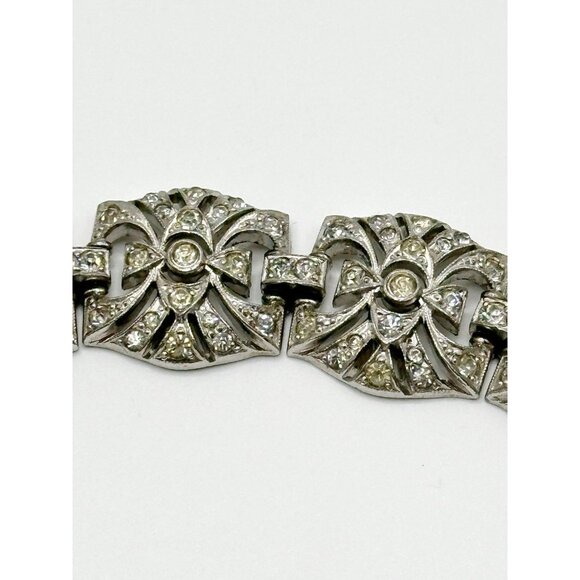 VINTAGE 1930'S KTF TRIFARI ART DECO RHINESTONE BRACELET SIGNED RHODIUM PLATED - Picture 7 of 10